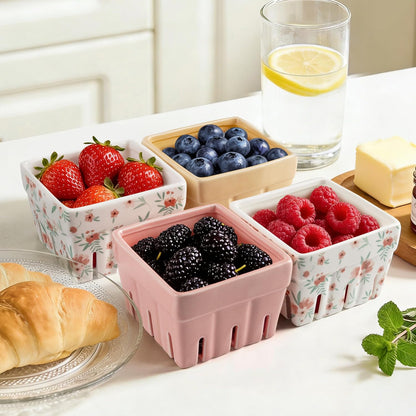 AELS Ceramic Berry Basket, Farmhouse Fruit Bowl Container for Fruit & Vegetables, Farmers Market, Pink Floral Pattern, Kitchen Decor, Stoneware Harvest Bowls, Set of 4