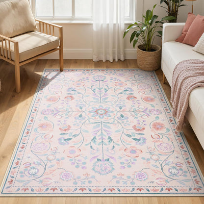 Anidaroel 5x7 Area Rugs for Living Room, Washable Pink Floral Rugs for Bedroom Girls, Soft Boho Nursery Rugs for Kids Playroom, Non Slip Low Pile Indoor Carpet for Bedside Dorm, Pink/Multi