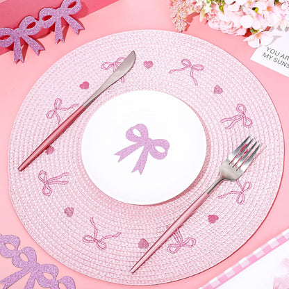 Whaline 4 Pcs Pink Bow Embroidered Placemats Round Place Mats Coquette Bow Dinner Table Mats for Home Wedding Baby Shower Birthday Party Decor