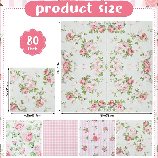 80 Pcs Pink Floral Napkins, 6.5 In Vintage Flower Napkins 2 Ply Spring Napkin Decorative Napkin for Decoupage, Tea Party Decoration, Wedding, Bridal & Baby Shower