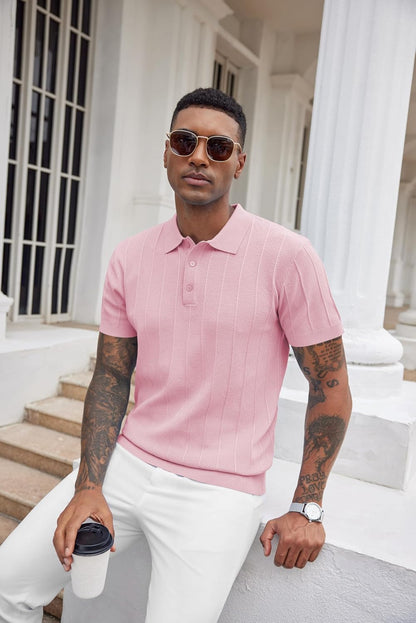 COOFANDY Mens Knit Polo Shirts Short Sleeve Ribbed Textured Polo Shirt Lightweight Casual Golf Shirts Collared T Shirt