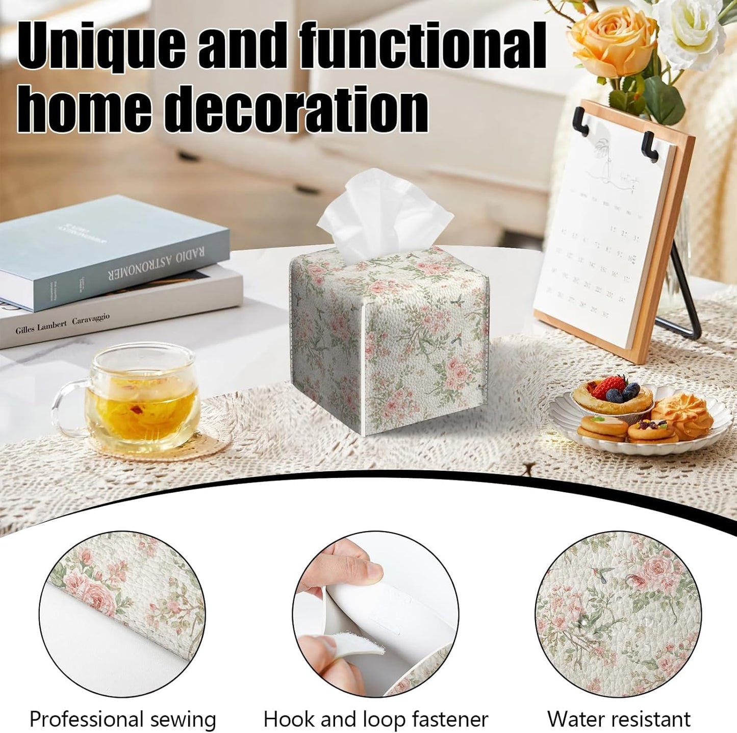 2 Pack Pink Flowers Tissue Box Cover Square Floral Bird PU Leather Tissue Box Holder Waterproof Facial Paper Organizer Dispenser for Bathroom Kitchen Home Office Car