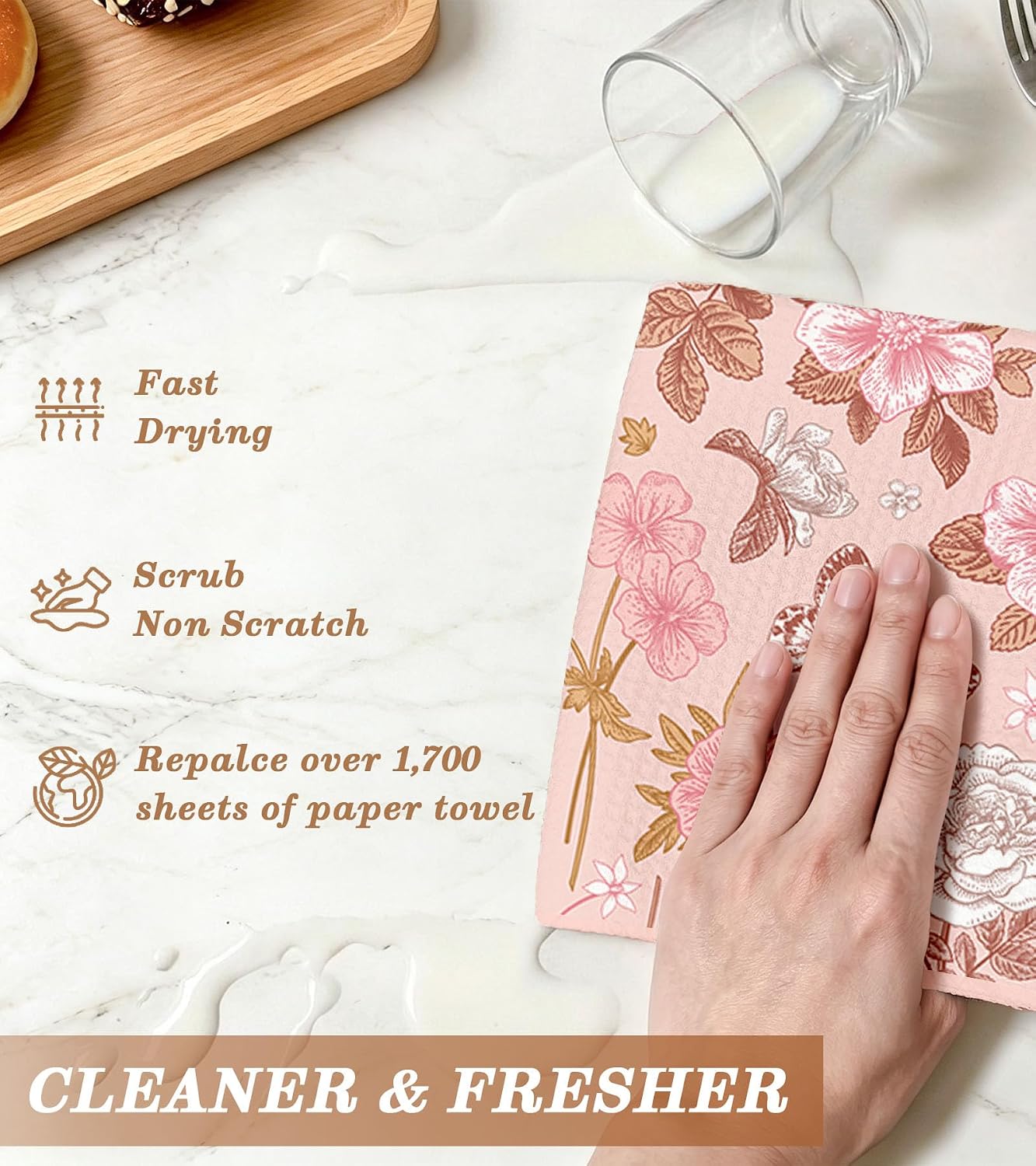 Waffle Kitchen Towels - 2pcs Waffle Weave Dish Cloths Set with Hanging Loop Microfiber Drying Hand Tea Towels Decorative Absorbent Cute Design 16x26 Inch for Housewarming Gift, Pink Flower