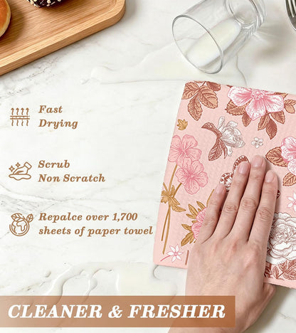 Waffle Kitchen Towels - 2pcs Waffle Weave Dish Cloths Set with Hanging Loop Microfiber Drying Hand Tea Towels Decorative Absorbent Cute Design 16x26 Inch for Housewarming Gift, Pink Flower