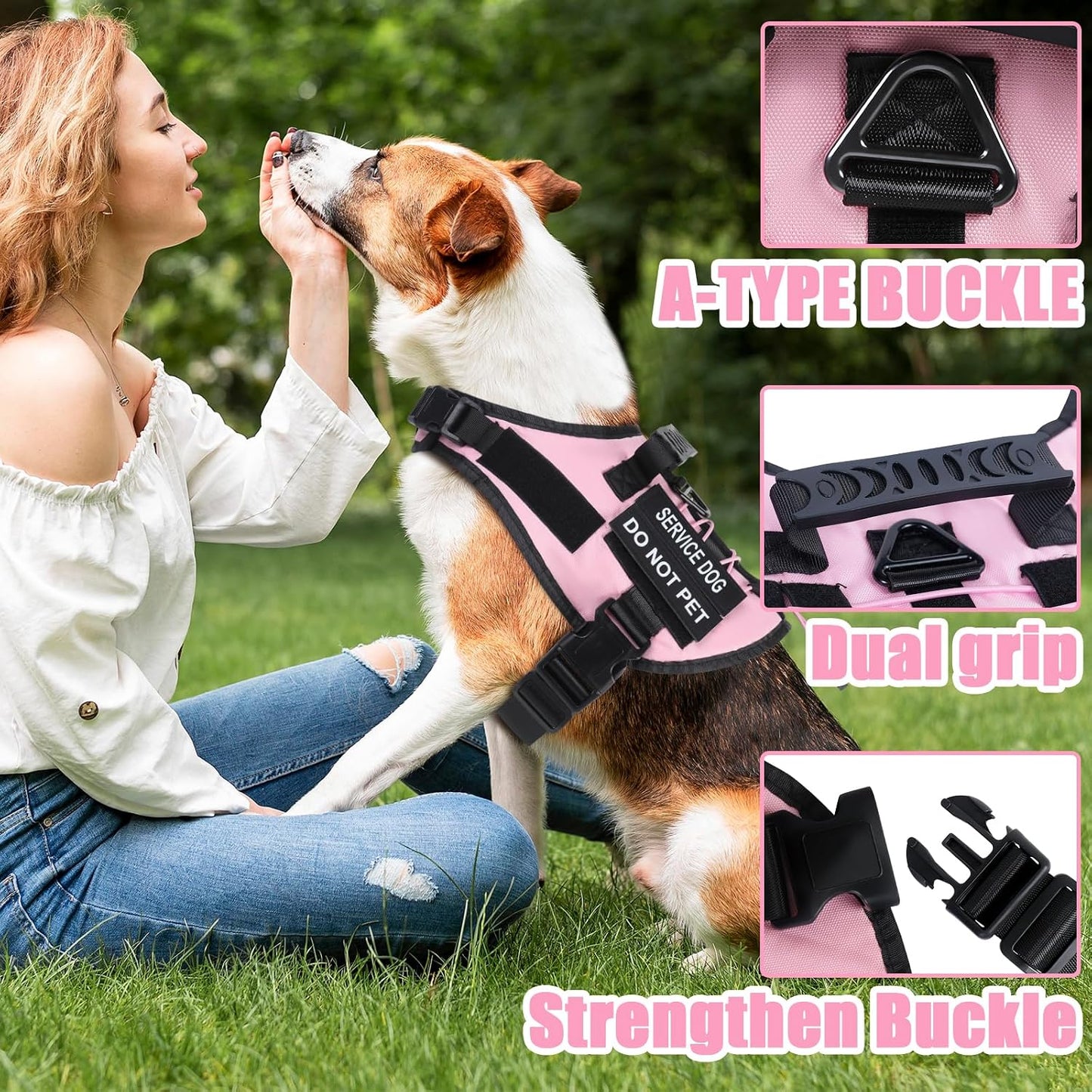 No Pull Dog Harness Small Medium Sized Dog, Service Dog Harness and Leash Set with 4 Patches, Adjustable Easy Walk Dogs Harnesses with Handle, Dogs Vest Harnesses French Bulldog, Chihuahua(Pink, S)