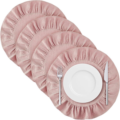 4 Pcs 15 Inch 100% Cotton Scalloped Round Placemats, Thin Pink Place Mats with Ruffle, Washable Placemats Table Mats for Kitchen Dining Holiday Gatherings Decor
