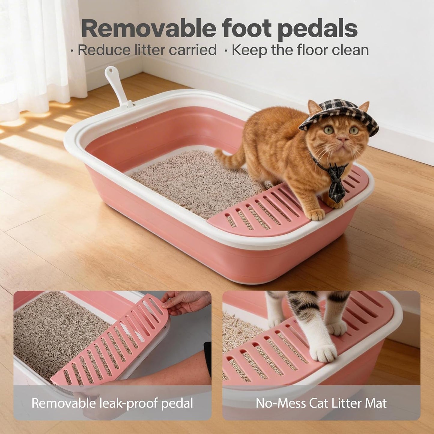 Pawise Foldable Cat Litter Box, Low Entry Collapsible Cat Litter Box with Scoop, Travel Pet Potty Pan & Anti-Splash Toilet for Kittens, Senior Cats & Disabled Cats (with Cat Teaser & Litter Mat，Pink)