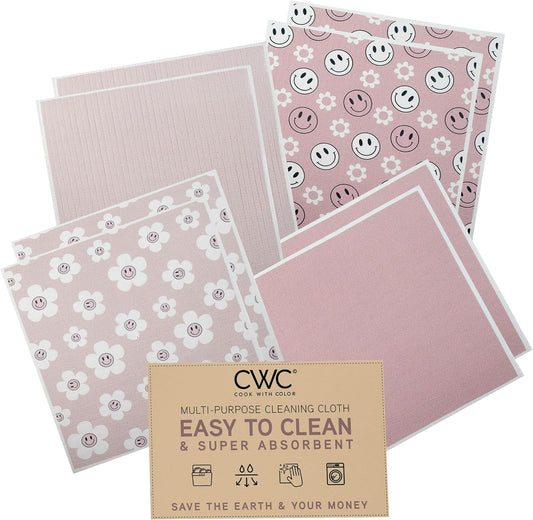 COOK WITH COLOR Eco-Friendly Reusable Swedish Dishcloths for Kitchen - Pack of 8 Reusable Paper Towels, Biodegradable Cellulose Sponge Cloths- Assorted Designs and Colors, Pink Floral