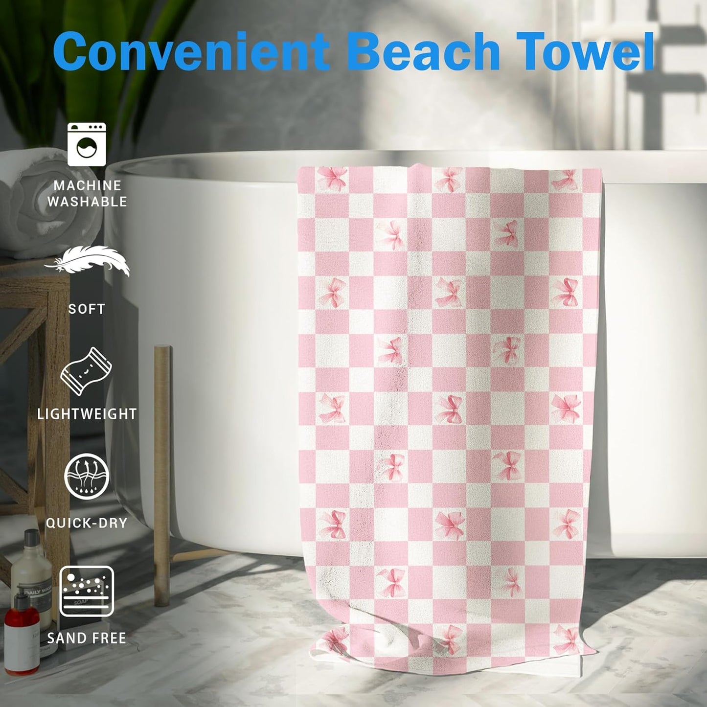 Pink Coquette Bow Checkered Beach Towel, Preppy Beach Towels Oversized Gifts for Women, Girly Aesthetic Checkered Dry Travel Sand Free Towel Decor for Bathroom Swimming Pool 30x60in