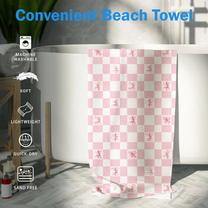 Pink Coquette Bow Checkered Beach Towel, Preppy Beach Towels Oversized Gifts for Women, Girly Aesthetic Checkered Dry Travel Sand Free Towel Decor for Bathroom Swimming Pool 30x60in