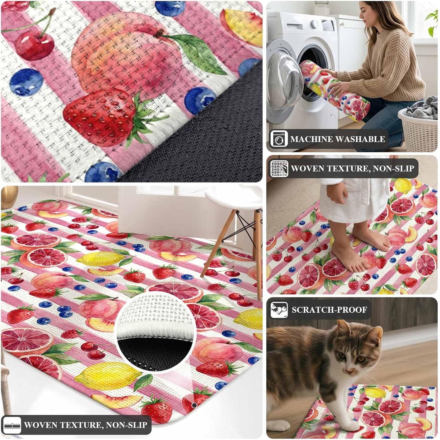 Living Room Rug Summer Peach Lemon Grapefruit Area Rug Washable Rugs for Bedroom Dining Room, Blueberry Strawberry Pink Stripe Non-Slip Absorbent Floor Carpet Area Rugs 63x91in