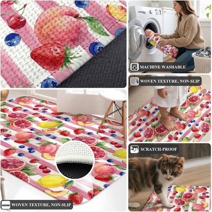 Living Room Rug Summer Peach Lemon Grapefruit Area Rug Washable Rugs for Bedroom Dining Room, Blueberry Strawberry Pink Stripe Non-Slip Absorbent Floor Carpet Area Rugs 63x91in