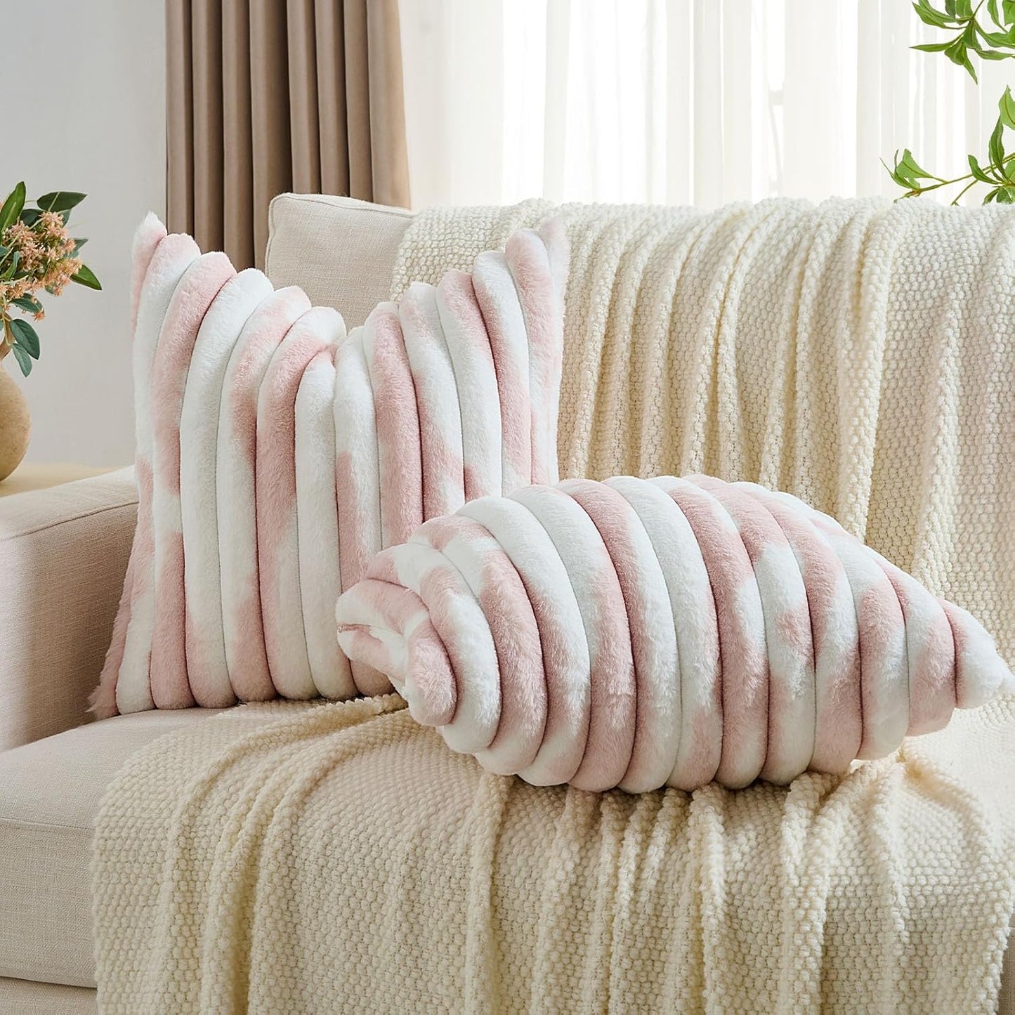 FUTEI Pack of 2 Faux Fur Plush Throw Pillow Covers 16x16 Inch Soft Tie Dye Striped Textured Farmhouse Decorative Cushion Covers Modern Home Decor for Couch Bed Living Room, Pink White