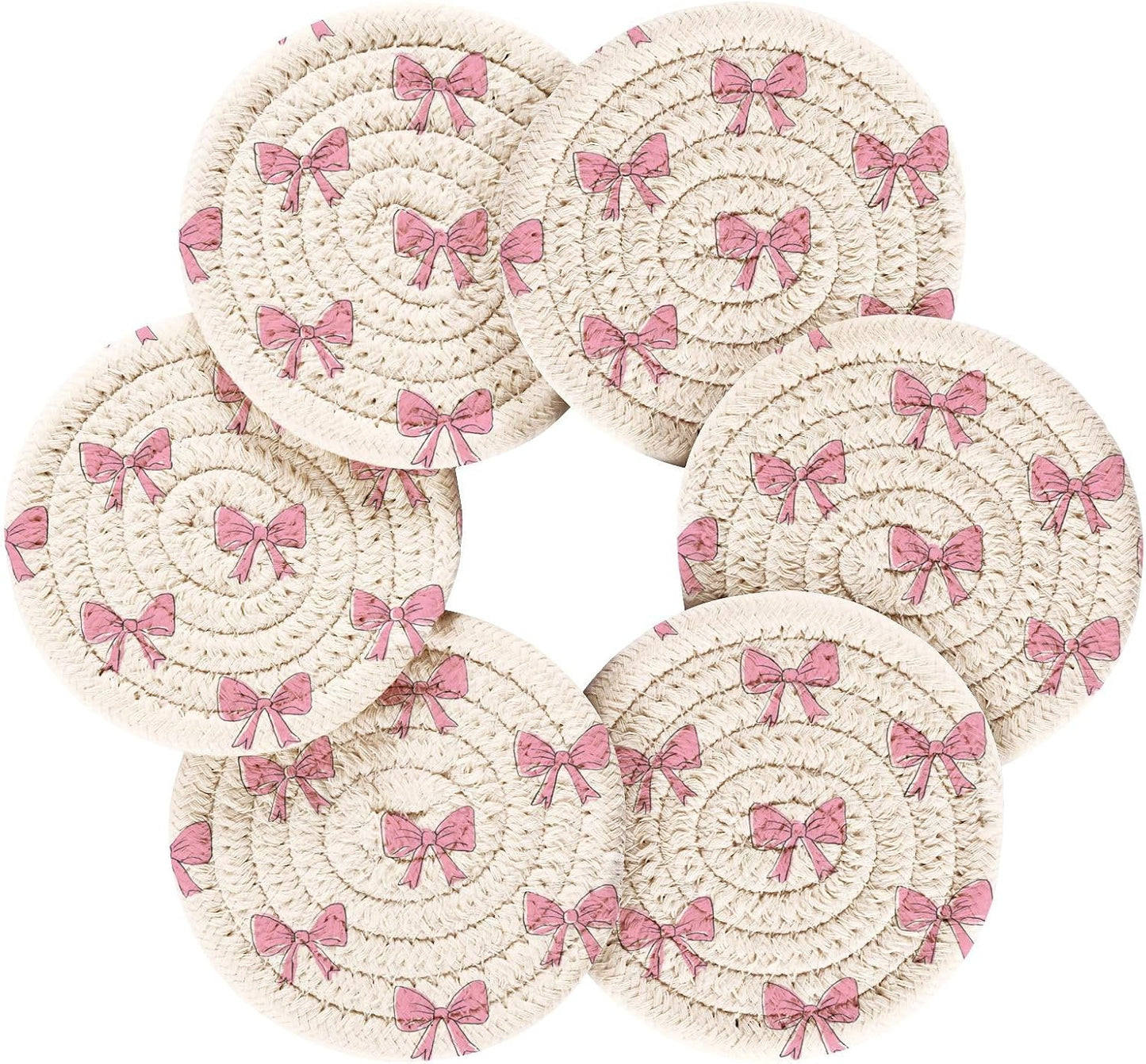 Bar Coasters for Drink with Holder Cute Light Pink Bows Coaster Set of 6 Cotton Woven Coaster for Coffee Table, Bistro Tabletop,Kitchen Home Decor