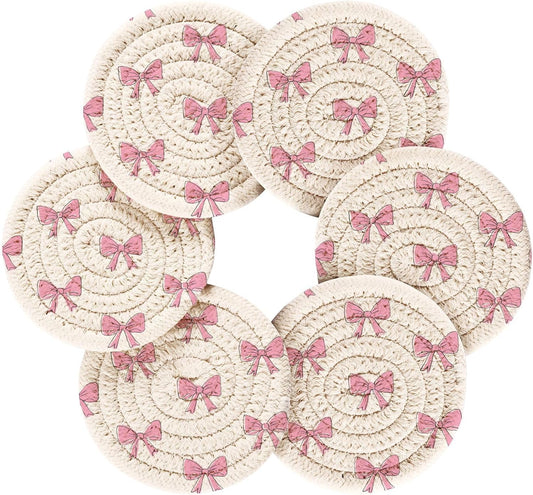 Bar Coasters for Drink with Holder Cute Light Pink Bows Coaster Set of 6 Cotton Woven Coaster for Coffee Table, Bistro Tabletop,Kitchen Home Decor