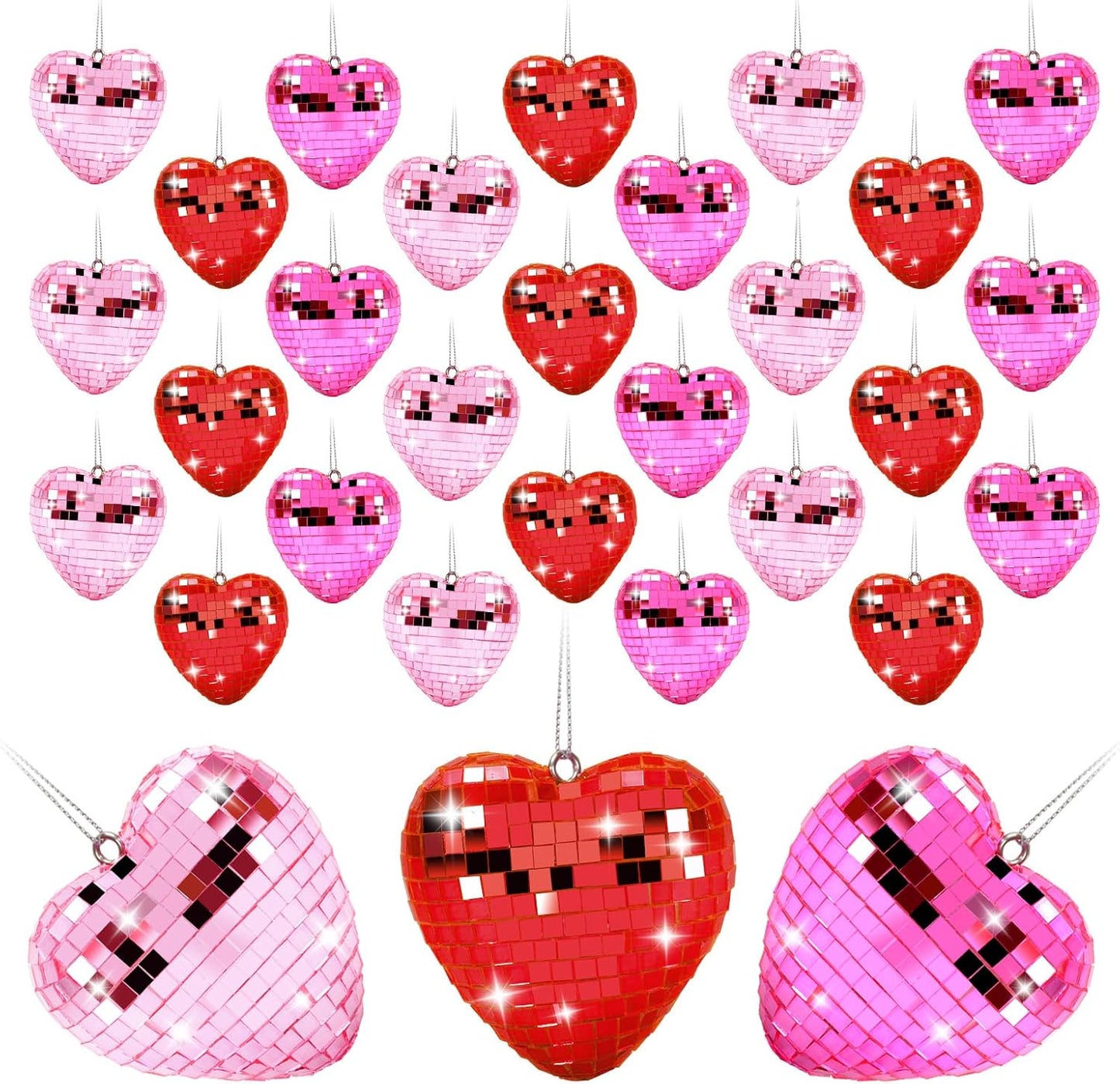 FYSUIMU 24Pcs Valentine Heart Shaped Hanging Ornaments Mirror Disco Ball Tree Bauble Red Pink Hanging Ornament for Valentine Wedding Anniversary Party Supplies