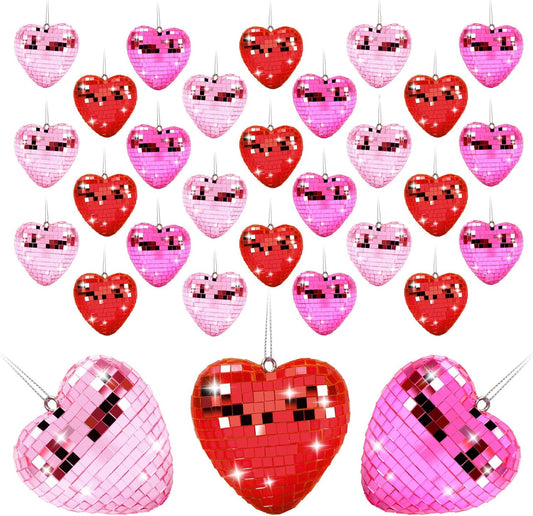 FYSUIMU 24Pcs Valentine Heart Shaped Hanging Ornaments Mirror Disco Ball Tree Bauble Red Pink Hanging Ornament for Valentine Wedding Anniversary Party Supplies