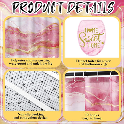 Honoson 8 Pcs Marble Bathroom Accessories Shower Curtain Set with Rugs and Kitchen Towels Modern Marble Farmhouse Bathroom Decor Floor mats for Farmhouse Country Spring Decor (Pink)