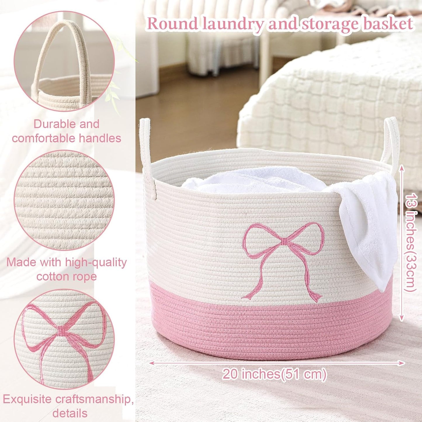Honeydak Large Pink Laundry Basket Bow Hamper Cotton Rope Pink Laundry Hamper 13 x 20 Inch Toy Box Coquette Bow Girly Nursery Basket Storage for Bedroom Bathroom Blanket Clothes Organization
