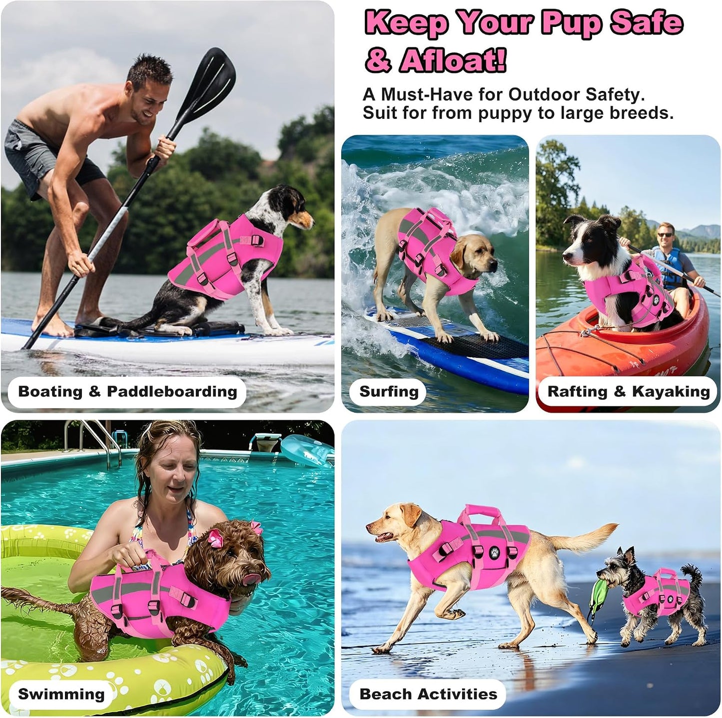 Dogcheer Harness-Style Dog Flotation Vest with Rescue Handle, Reflective Safety Dog Life Jacket, Adjustable Puppy Water Vest for Swimming, Boating, Pool & Beach - Pink, S