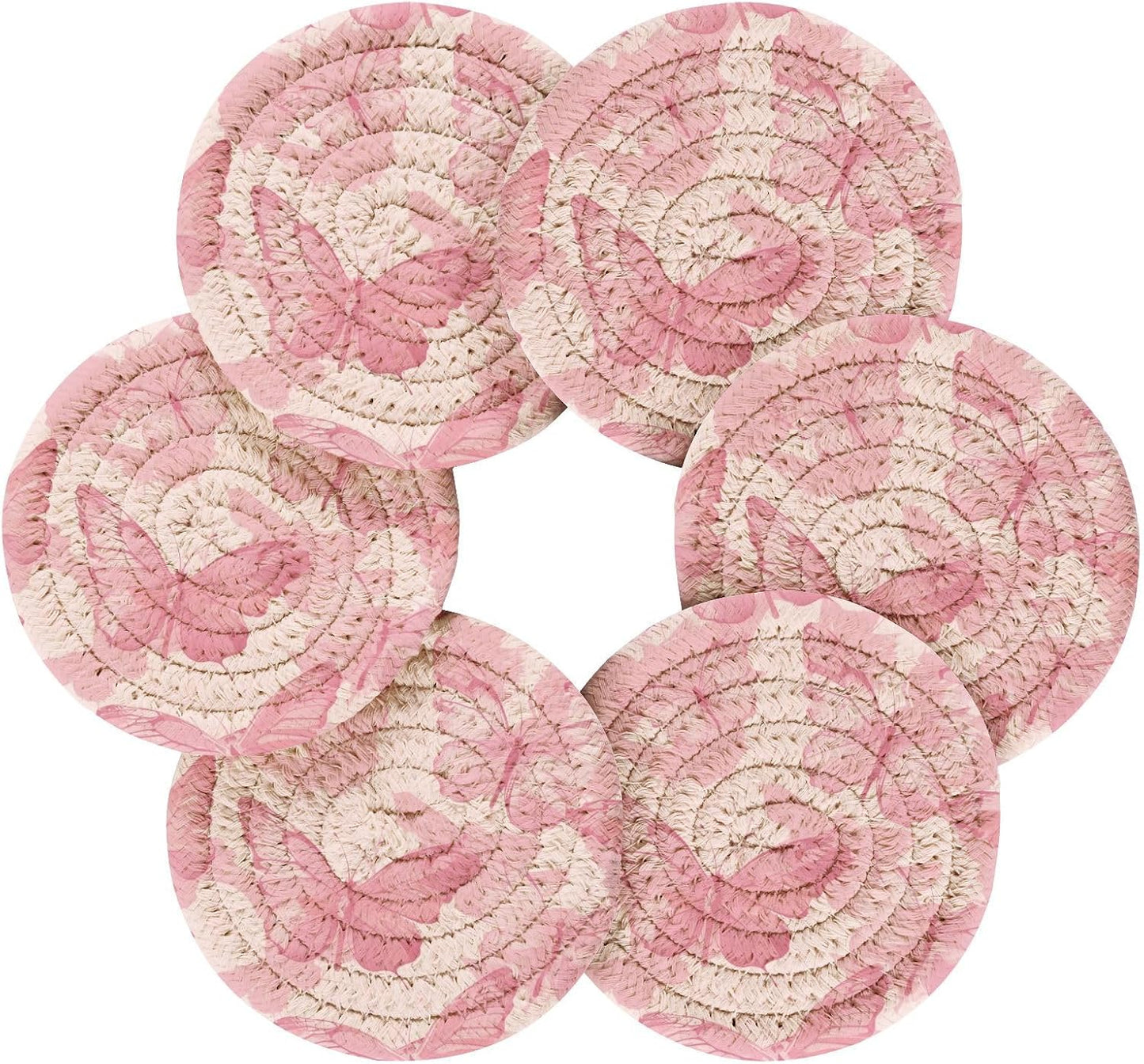 Pink Butterflies Drink Coasters Set - 6 Pcs Minimalist Woven Coasters with Holder for Home Decor, 3.94 Inch Absorbent Coasters for Drinks