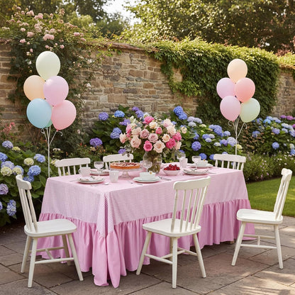 Pink Gingham Tablecloth with Ruffle Table Skirt for Seat 8-10, 132 x 90'' Fabric Plaid Checkered Scalloped Tablecover, Rectangle Picnic Party Decor Tablecloth for Wedding Baby Shower (Gingham)