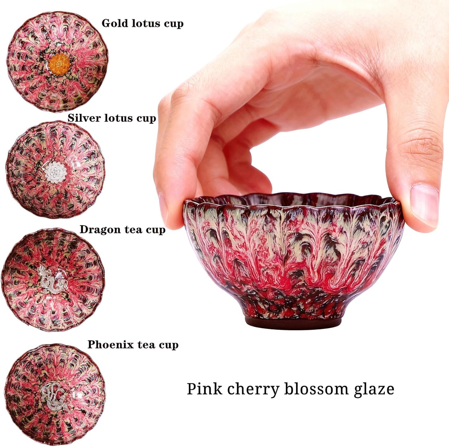 Pink Tenmokus Tea Cups Set of 4, Chinese Jianzhan Ceramic Teacup | Cherry Blossom Glaze, Kiln Change, Lead-free Cadmium-free, for Kungfu Tea Ceremony, Home Decor & Collection Gift