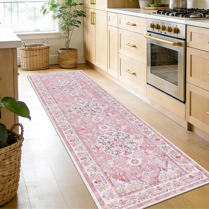 U'Artlines 2' x 8' Hallway Runner Rug, Pink Non Slip Washable Vintage Farmhouse Accent Rug Runner Carpet for Kitchen Entryway Laundry and Living Room(Peach Pink)