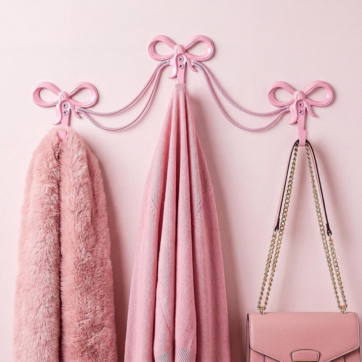 1 Set Gold Bows Wall Hooks Bow Knot Hooks for Nursery Bedroom Bathroom Cute Wall Mounted Functional Decorative Coat Holder for Hats Bags Tie Bath Coats (3 Hook Style,Pink)
