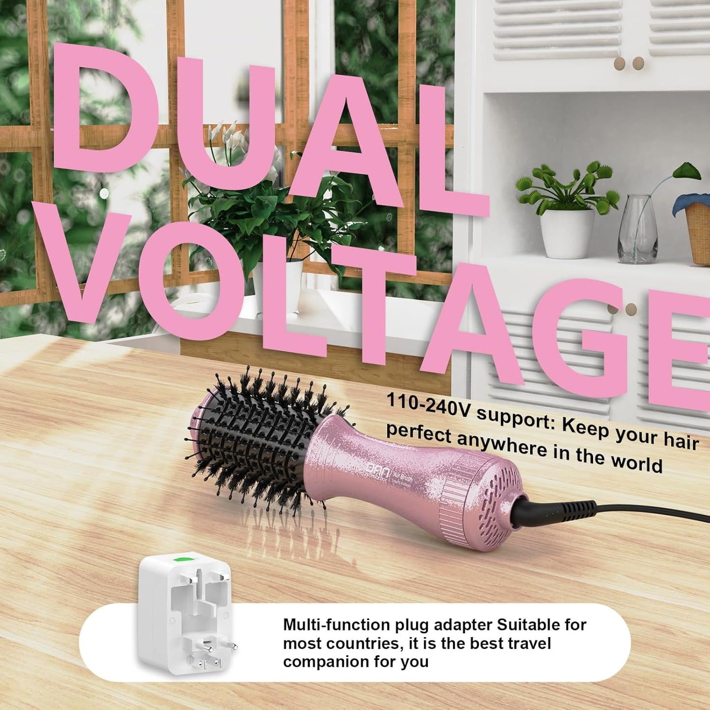 DAN Travel Hair Dryer Brush,Dual Voltage Hair Dryer Brush,Mini Blow Dryer Brush for Home and International Travel, (100V-240V) Auto Dual Voltage&Multi-Function Plug Adapter