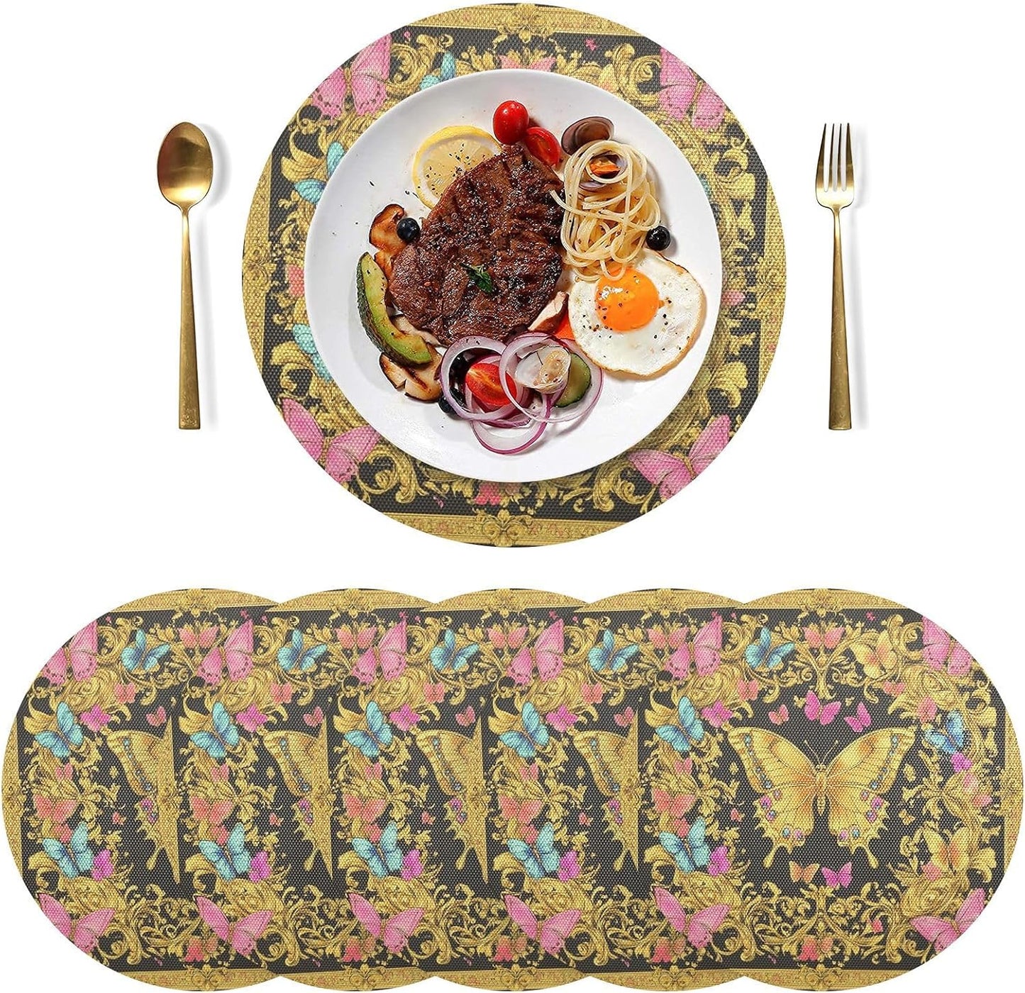 Retro Butterflies Pattern Gold and Peach Place mat Round Reusable placemats Washable Cloth placemats Plates mats Waterproof Table Runner placemats 6 for Non Slip 15.4x15.4in