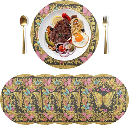 Retro Butterflies Pattern Gold and Peach Place mat Round Reusable placemats Washable Cloth placemats Plates mats Waterproof Table Runner placemats 6 for Non Slip 15.4x15.4in