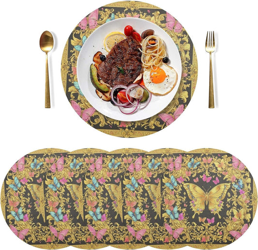 Retro Butterflies Pattern Gold and Peach Place mat Round Reusable placemats Washable Cloth placemats Plates mats Waterproof Table Runner placemats 6 for Non Slip 15.4x15.4in