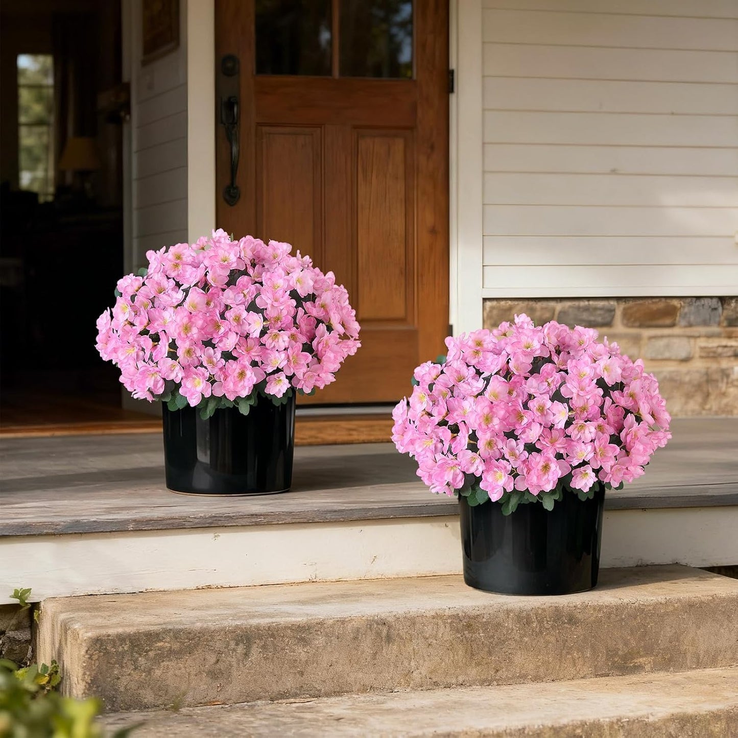 YXZZWL Set of 2 Artificial Azalea Flower Topiary Trees - Fake Silk Flower Potted Plants, Sun-Resistant Faux Outdoor Azalea Bushes for Front Door, Garden, Yard, Farmhouse Decor (Pink)