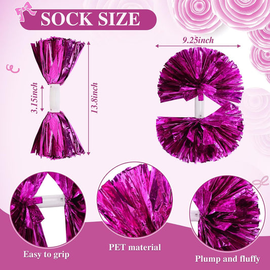 Zoooyawn 2 Pcs Cheerleader Pompoms and 4 Pcs Name Tags Set, Baton Handle Pom Poms Blank Ribbon Cheer Pom Tags for Cheer Squad Sport Costume Accessory Team Sports Dance Cheering Kids Adults (Pink)