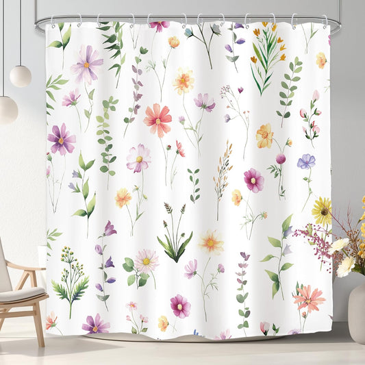 Glawry Pink Floral Shower Curtain 72Wx72L Inches Cute Wildflower Flower Summer Shower Curtains for Bathroom, Watercolor Botanical Nature Girl Shower Curtain Set Waterproof Fabric 12 Hooks