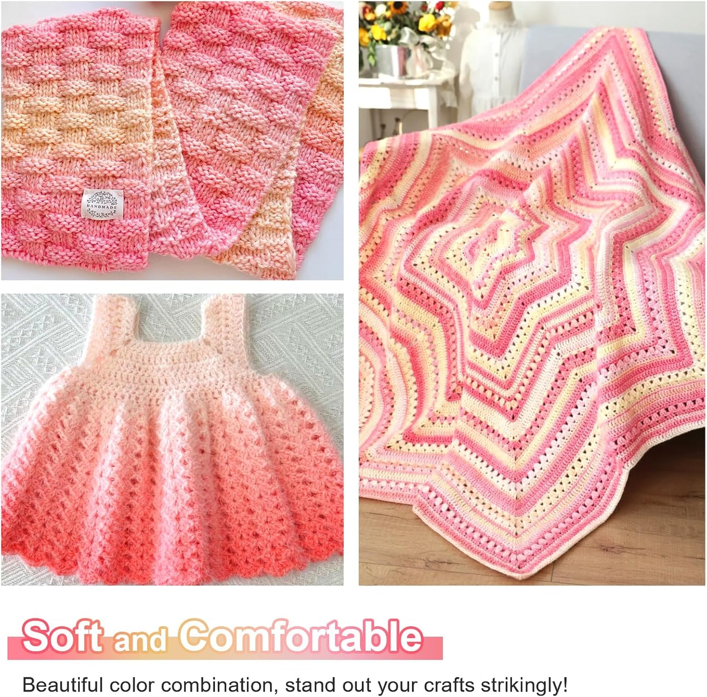 Aeelike Gradient Yarn, 6 Skeins Ombré Fairyland Yarn for Crocheting 100g (3.52 oz) 245m (267 Yards) # 3 Light Weight, Vibrant Cake Yarns for Making Colorful Blanket Scarves Hat, Pink Yellow Gradient
