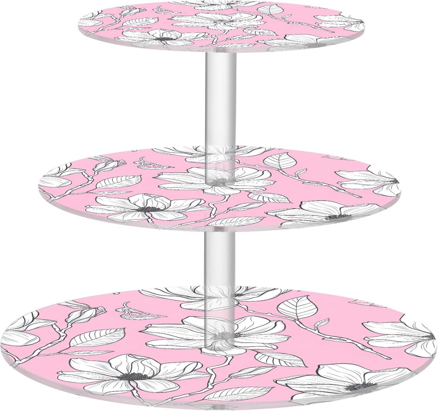 White Floral Light Pink 3 Tier Cupcake Stand Tea Party Cup Cake Tower Acrylic Display Serving Donut Stands for Dessert Holder Table Print Graduation