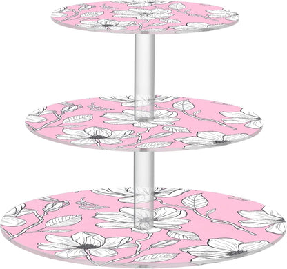 White Floral Light Pink 3 Tier Cupcake Stand Tea Party Cup Cake Tower Acrylic Display Serving Donut Stands for Dessert Holder Table Print Graduation