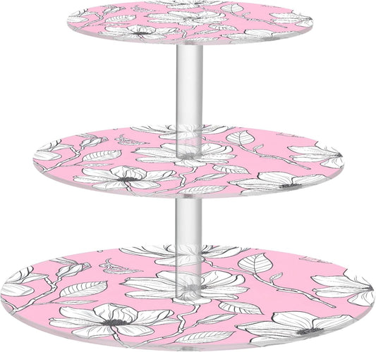 White Floral Light Pink 3 Tier Cupcake Stand Tea Party Cup Cake Tower Acrylic Display Serving Donut Stands for Dessert Holder Table Print Graduation