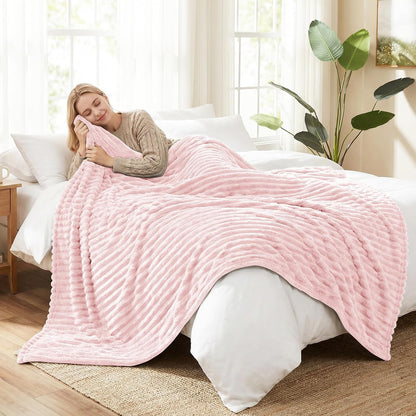 HIMEET Fleece Pink Throw Blanket for Bed - 300GSM Ribbed Soft Cozy Blanket for Couch, Graduation Birthday Gifts for Women Girls Her, College Dorm Essentials Aesthetic Room Throws, 50x60 Inches
