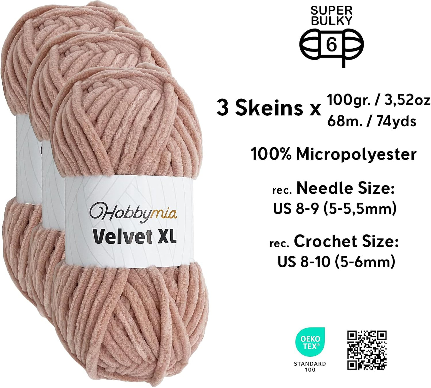 Velvet XL Chenille Yarn - Thick Super Bulky Yarn for Crocheting - Soft Fluffy Plush Yarn for Crochet - 100g / 74yds - Ideal for Baby Blankets & Amigurumi (Deep Peach, 3 Skeins)