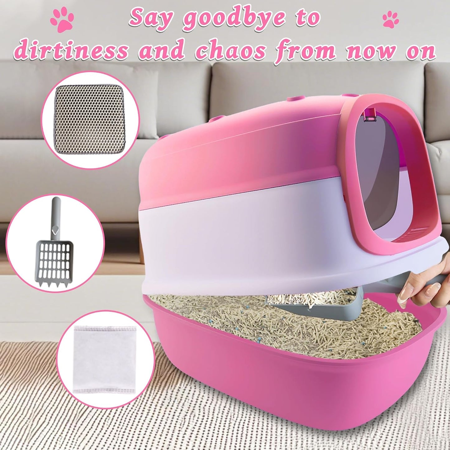 Cat Litter Box with Litter Mat, 20"x15"x15" Large Litter Box for Big Cats, Enclosed Removable Litter Boxs, Flip-Top Design, Odor Control, Easy to Clean (Pink)