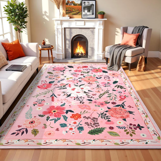 Terrug Floral Large Area Rug for Living Room, 6x9 Pink Washable Rug Boho Ultra-Thin Carpet, Soft Non Slip Stain Resistant Vintage Rug for Living Room, Bedroom, Dorm, Dining Room, Office