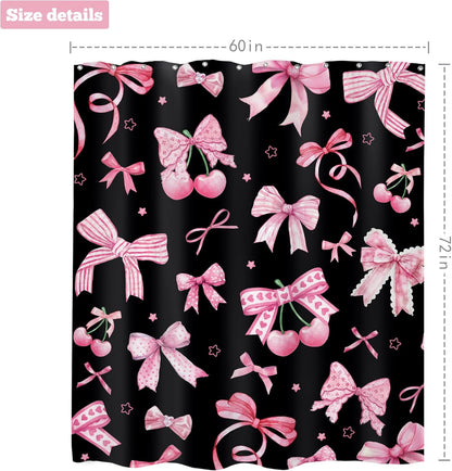 Pink Black Bow Shower Curtain 60Wx72H Inches Cherry Girly Preppy Modern Fruit Pretty Sweet Aesthetic for Girls Teens Cloth Fabric Waterproof Polyester Bathroom Home Decor Set with Hooks