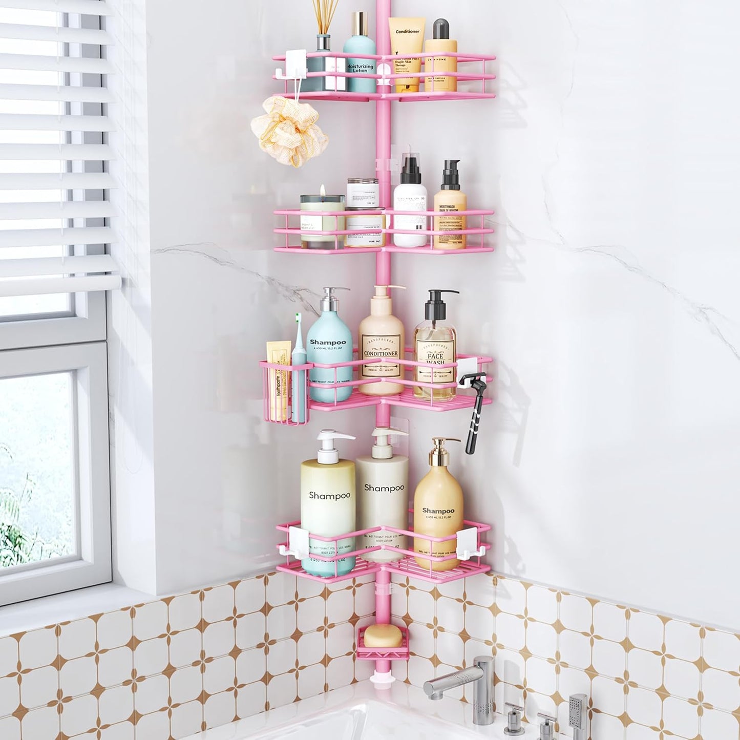 HapiRm Corner Shower Caddy Organizer - Shower Organizer Corner with Soap Holder, Toothbrush Holder and 4 Hooks, Rustproof Bathroom Shelf Tension Pole Available for 27.6 to 108.3 Inch - Pink