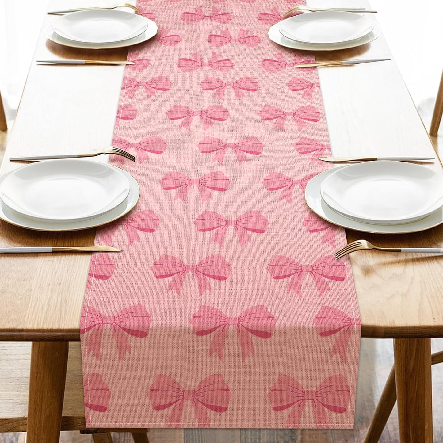 Pink Bow Dining Table Runner, Coquette Ribbon Preppy Burlap Kitchen Decoration, Aesthetic Girly Indoor Outdoor Home Decor Party Supply 13 x 72 Inches