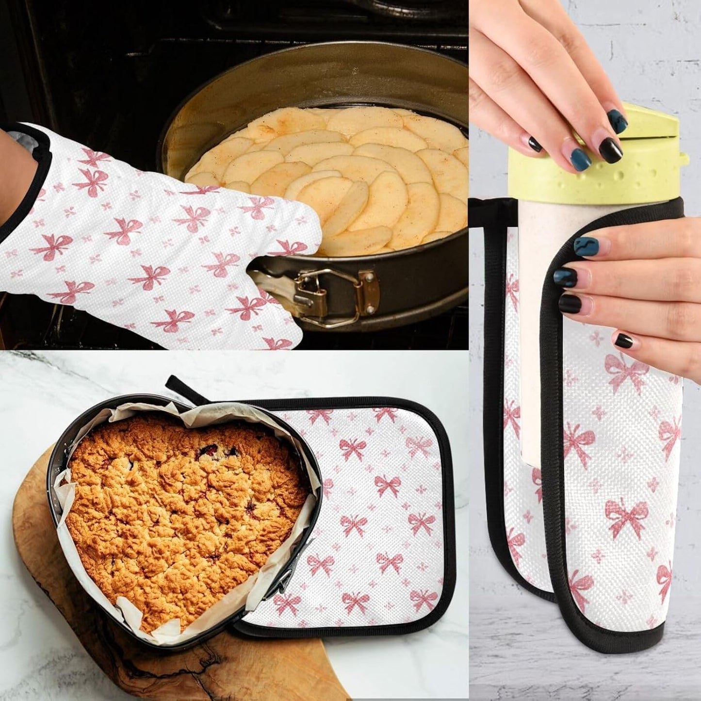 Light Pink Pastel Bows Oven Mitts and Pot Holders Set for Cooking Baking Kitchen Decor