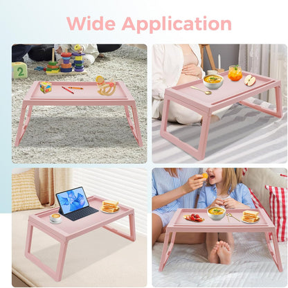 6 Pack Bed Breakfast Tray with Foldable Legs, Cute Pink Eating Kids Lap Trays Table, Serving Food Trays with Phone Slots for Sofa Bed Eating Studying Working