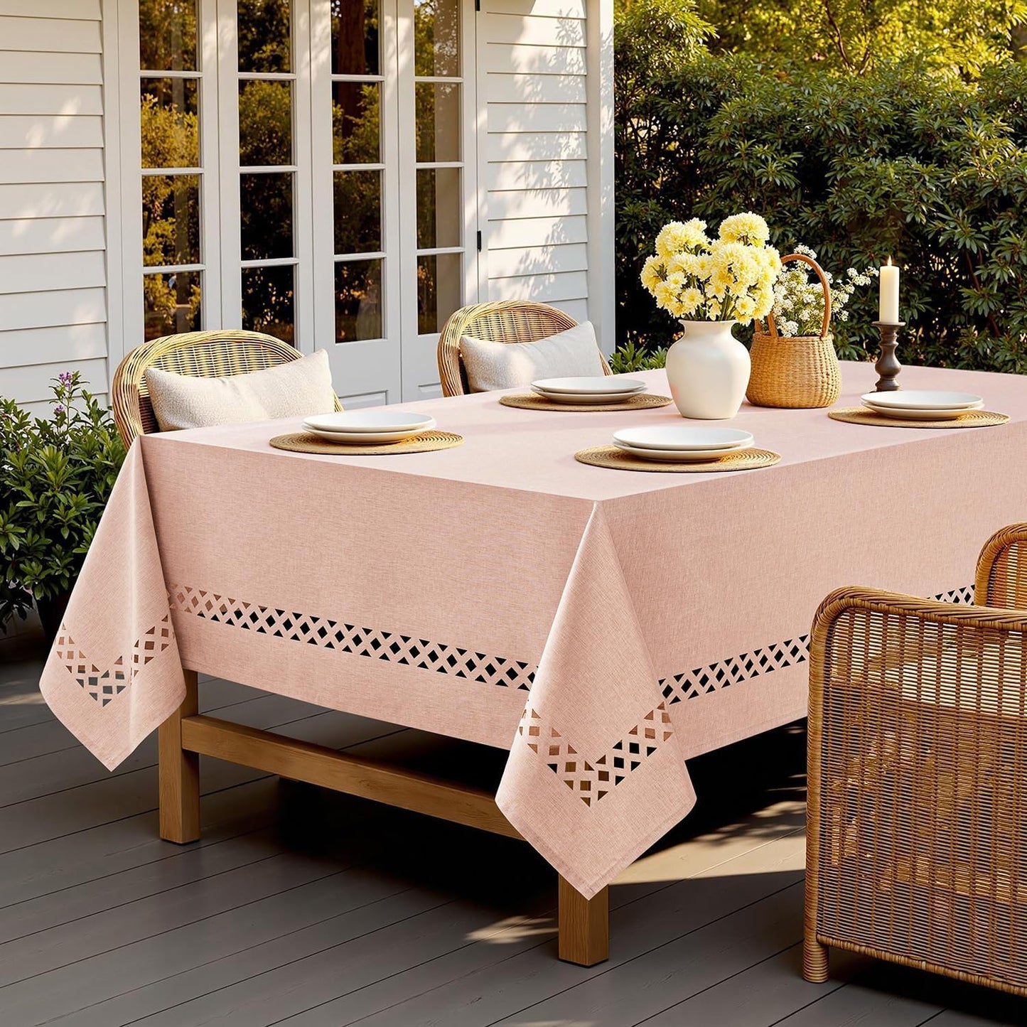 MIULEE Pink Rectangle Linen Polyester Tablecloth with Decorative Cutouts Spring Waterproof Stain Resistant & Shrink-Proof Table Cloth 52x70 inch Farmhouse Style for Dining Wedding and Outdoor
